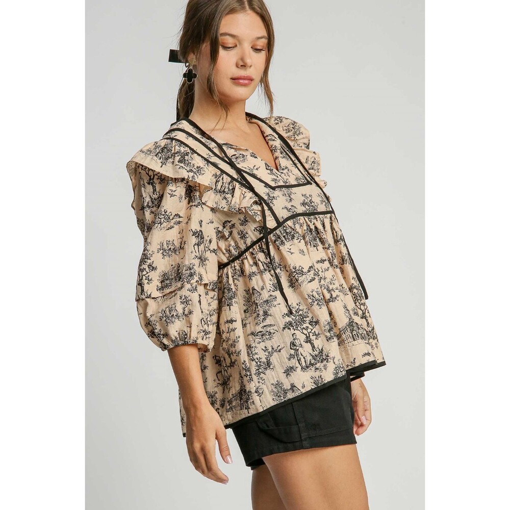 NFS Umgee Ruffled Tie Neck Puff Sleeve Babydoll Blouse - Picture 4 of 5